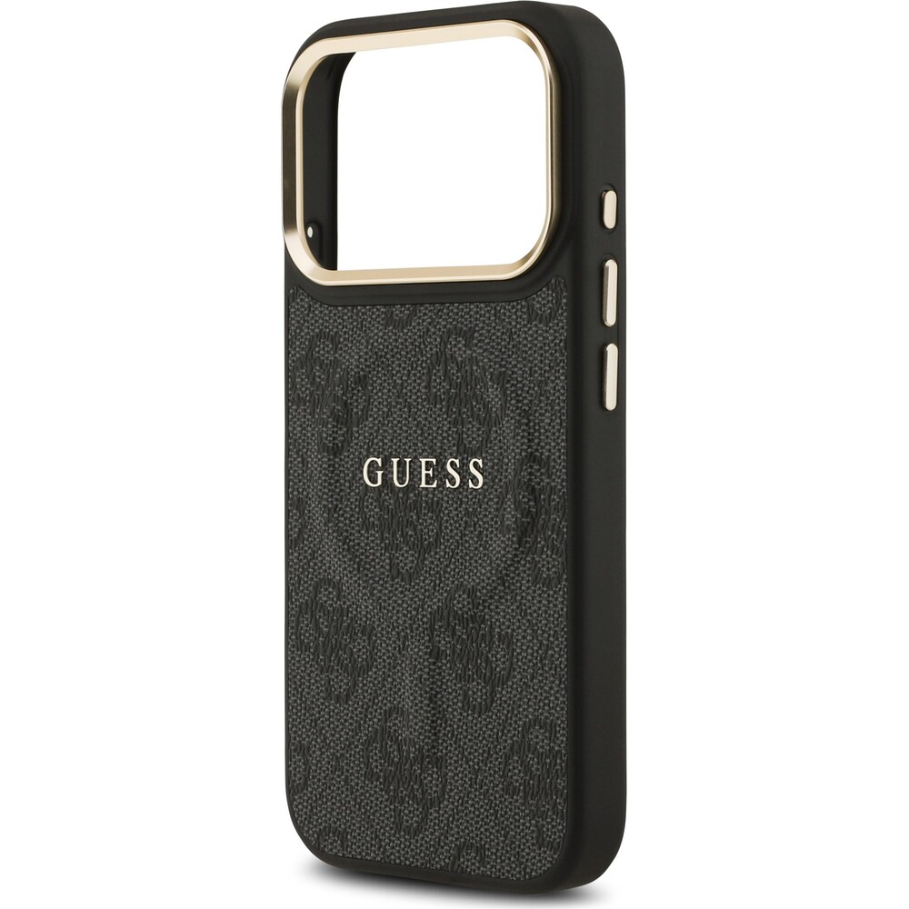 Guess-PU-Leather-4G-Gold-Frame-MagSafe-kryt-iPhone-17-Pro-cerny