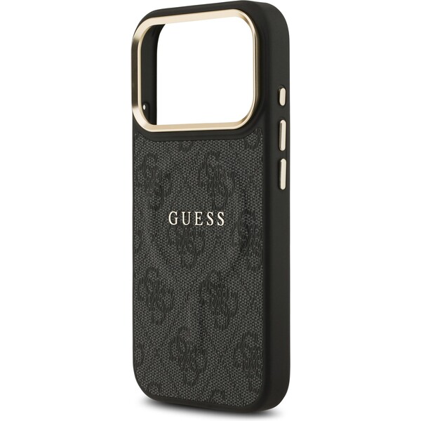 Guess-PU-Leather-4G-Gold-Frame-MagSafe-kryt-iPhone-17-Pro-cerny