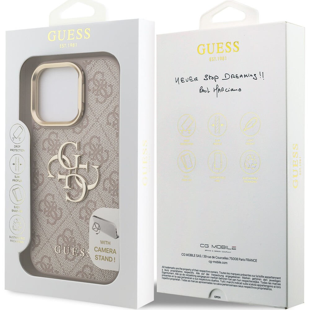 Guess-PU-4G-Metal-Logo-Stand-Camera-Frame-kryt-iPhone-15-Pro-Max-ruzovy
