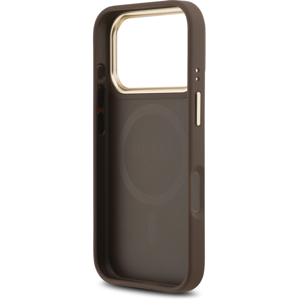 Guess-PU-Leather-4G-Gold-Frame-MagSafe-kryt-iPhone-17-Pro-hnedy