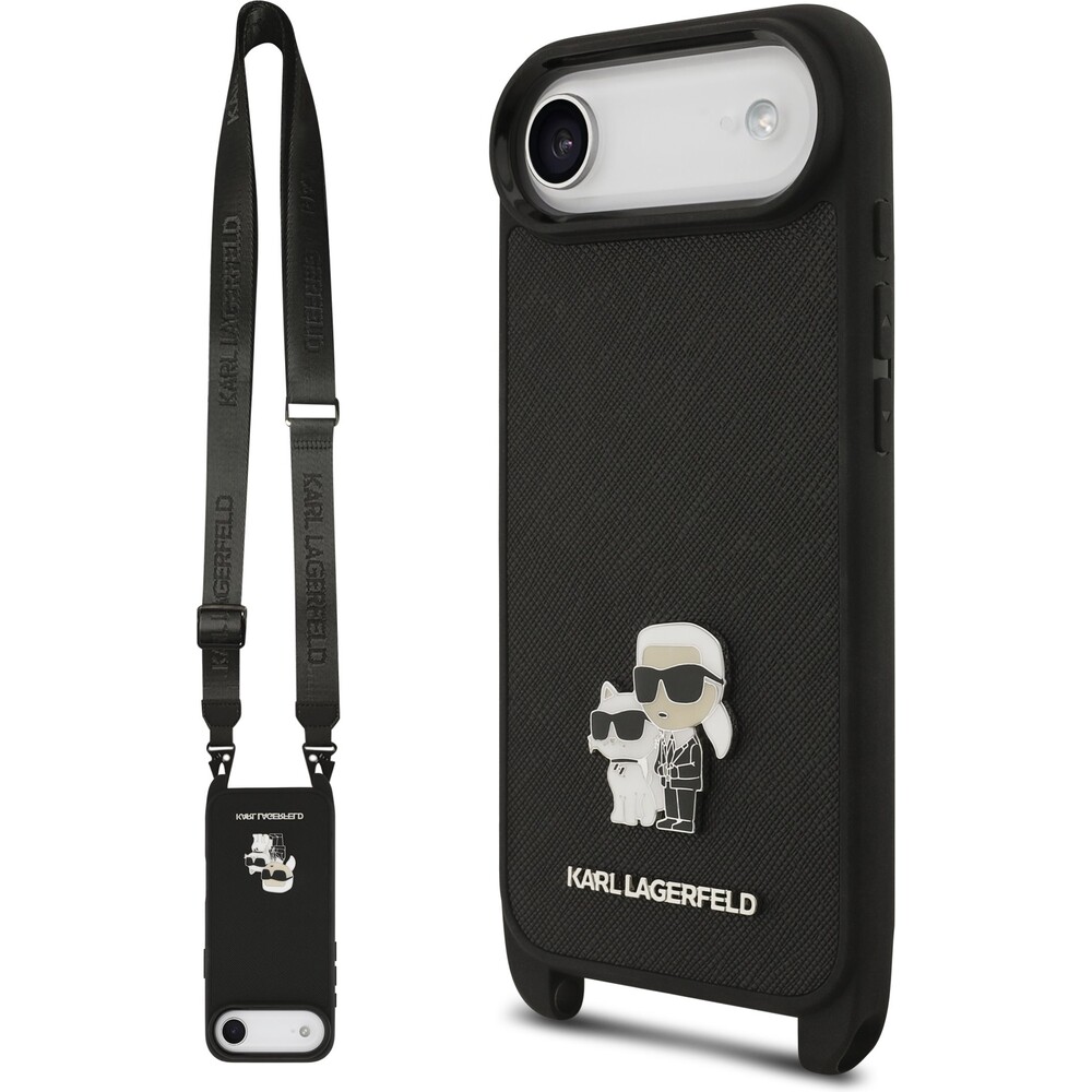 Karl-Lagerfeld-Saffiano-Crossbody-Popruh-Metal-Karl-and-Choupette-kryt-iPhone-Air-cerny