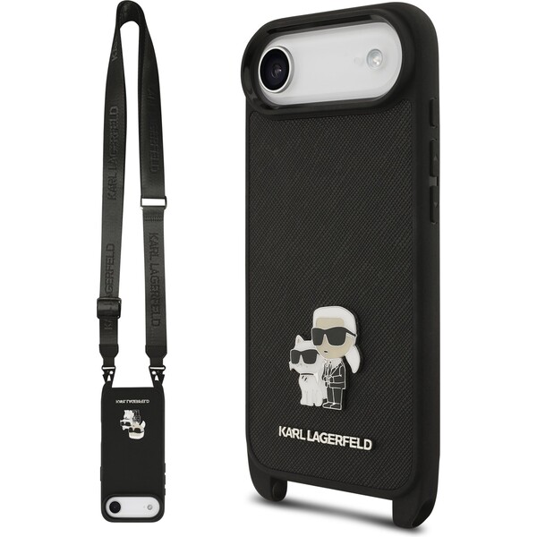 Karl-Lagerfeld-Saffiano-Crossbody-Popruh-Metal-Karl-and-Choupette-kryt-iPhone-Air-cerny