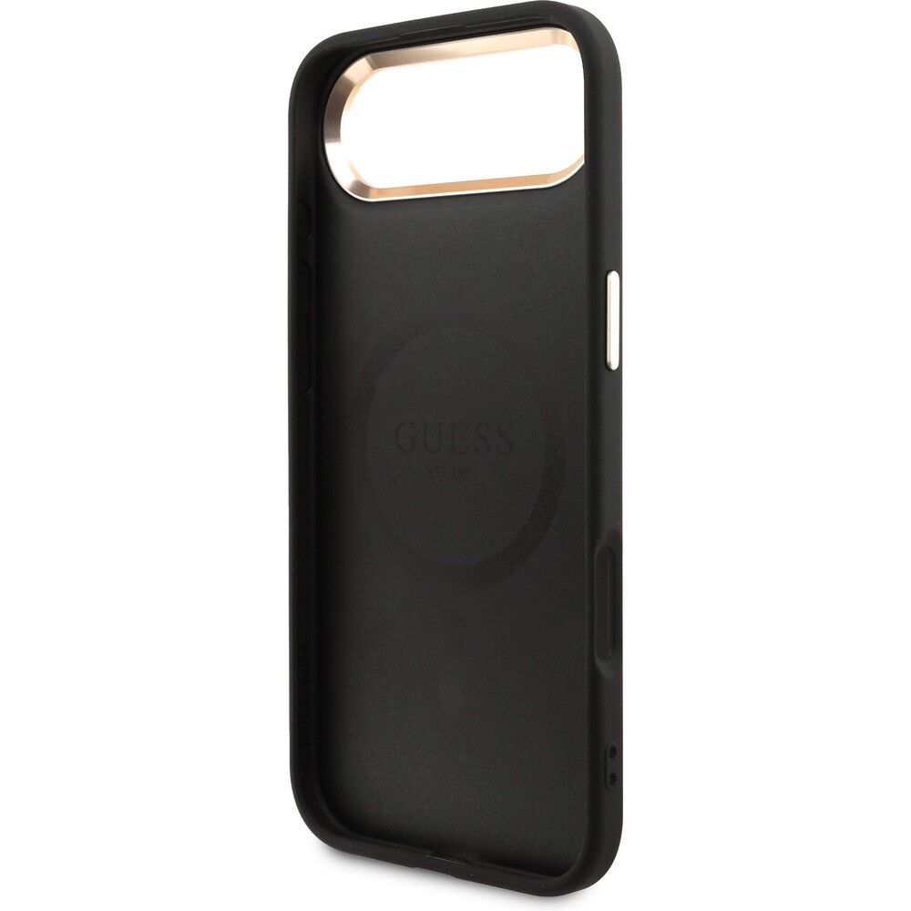 Guess-PU-Leather-4G-Triangle-Logo-Gold-Frame-MagSafe-kryt-iPhone-Air-cerny