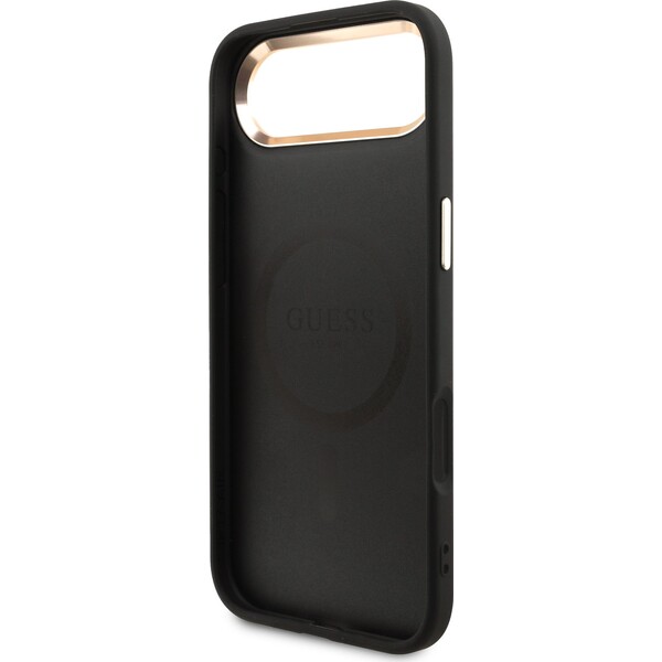 Guess-PU-Leather-4G-Triangle-Logo-Gold-Frame-MagSafe-kryt-iPhone-Air-cerny
