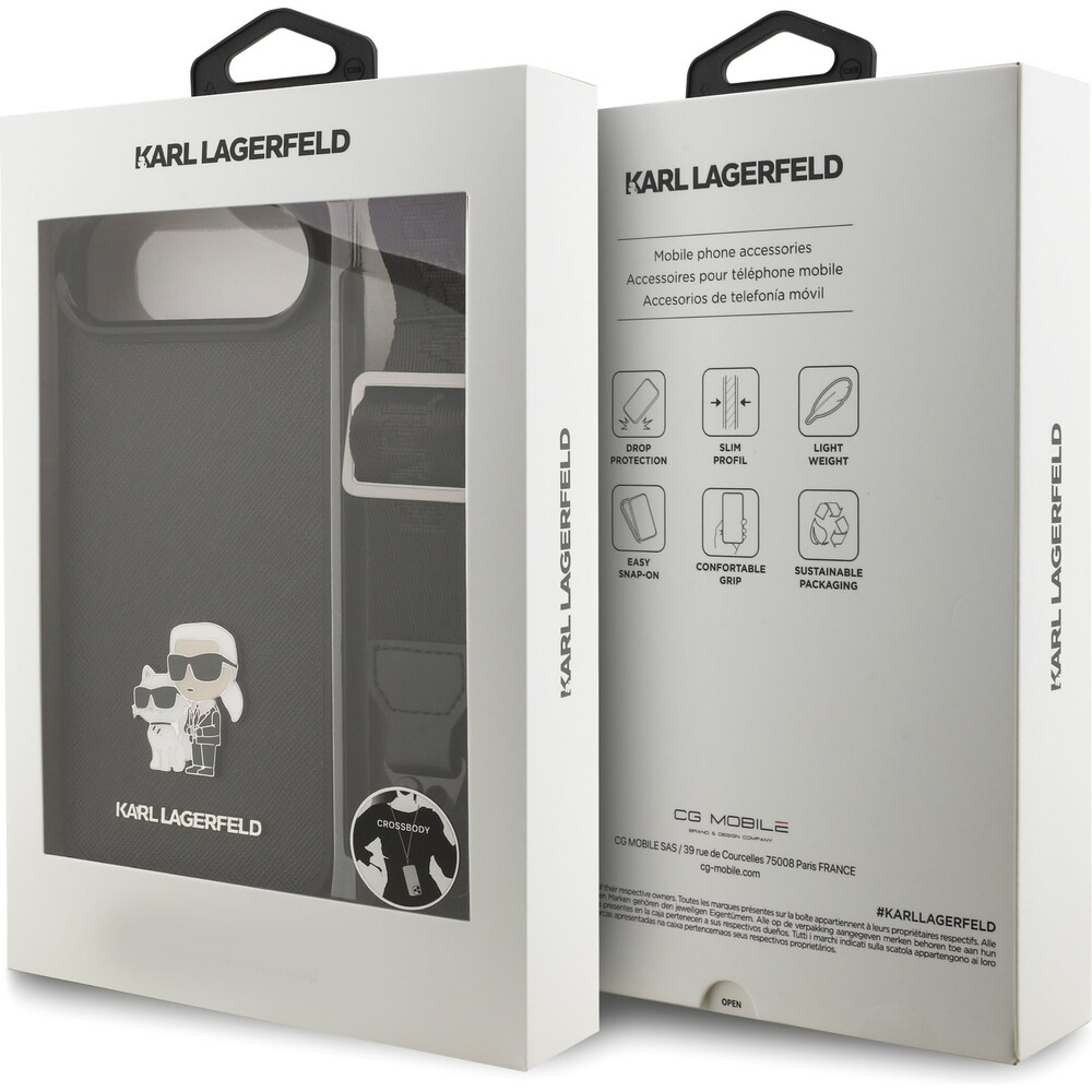 Karl-Lagerfeld-Saffiano-Crossbody-Popruh-Metal-Karl-and-Choupette-kryt-iPhone-Air-cerny