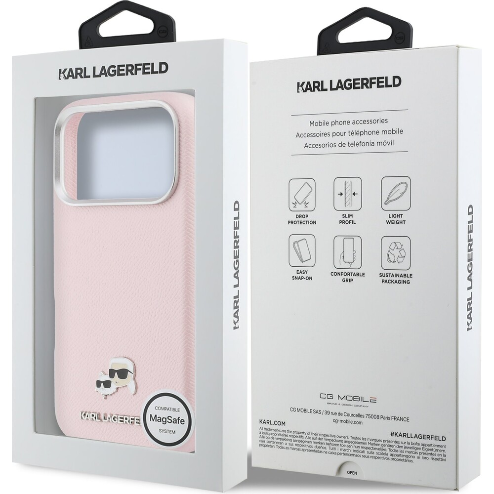 Karl-Lagerfeld-PU-Karl-and-Choupette-Heads-Pins-MagSafe-kryt-iPhone-17-Pro-Max-ruzovy