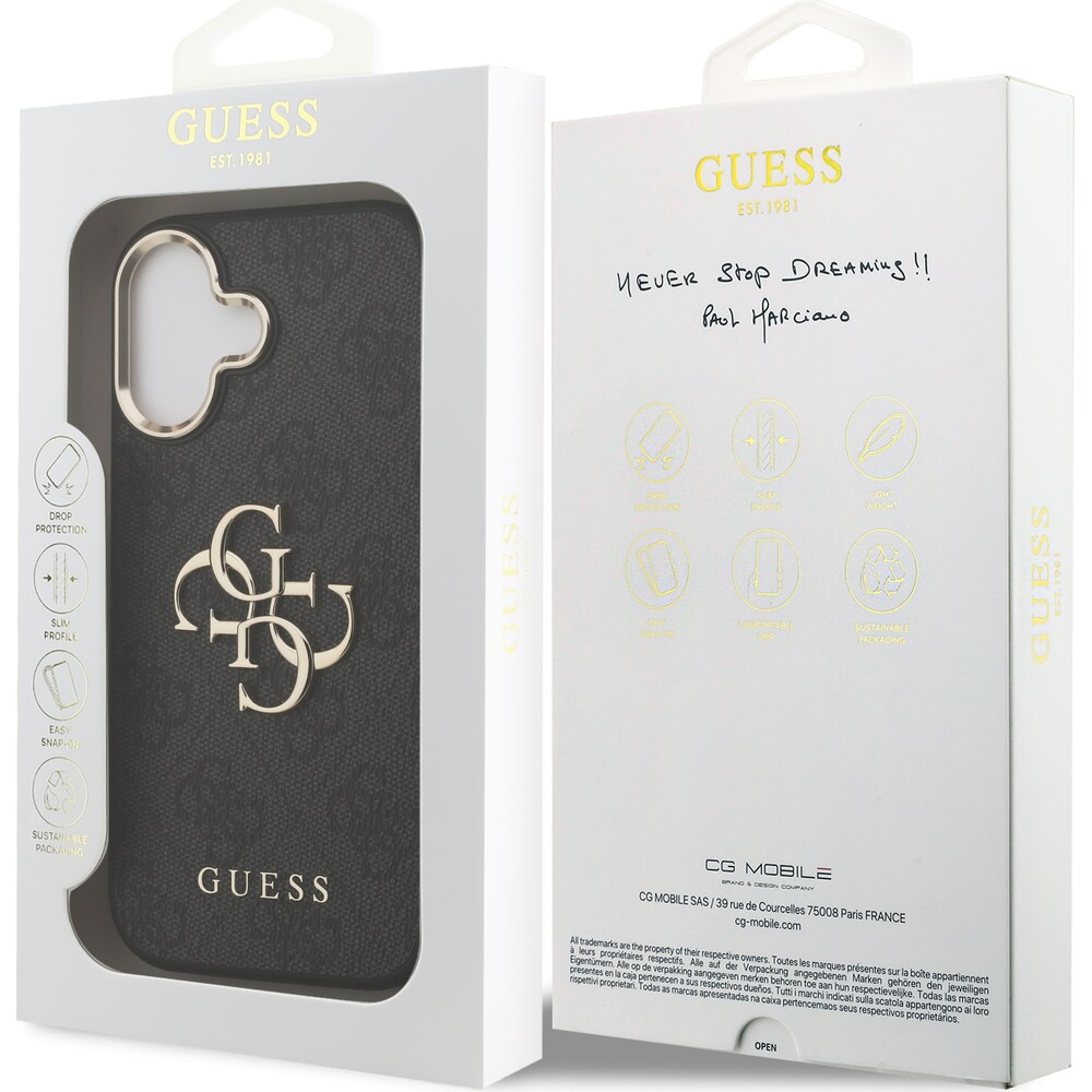 Guess-PU-Leather-4G-Metal-Logo-Gold-Frame-MagSafe-kryt-iPhone-17-cerny