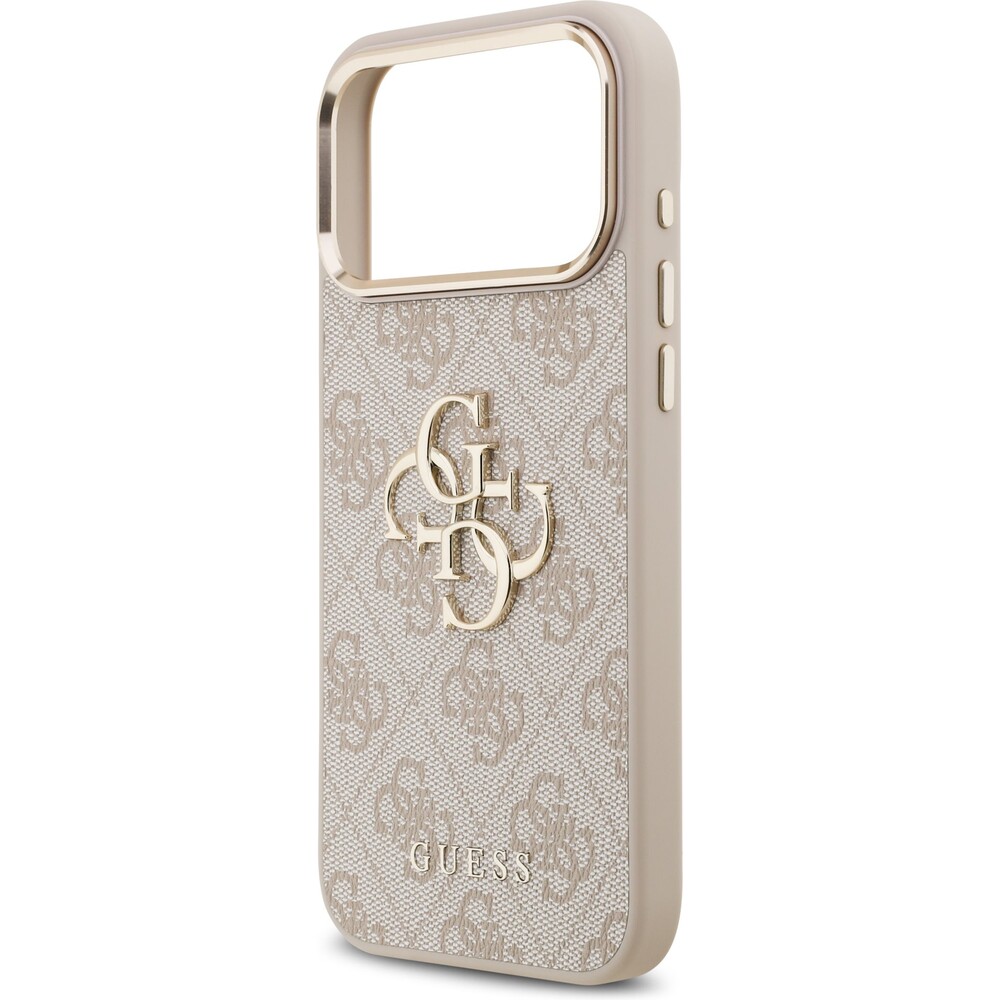 Guess-PU-Leather-4G-Metal-Logo-Gold-Frame-MagSafe-kryt-iPhone-17-Pro-Max-ruzovy