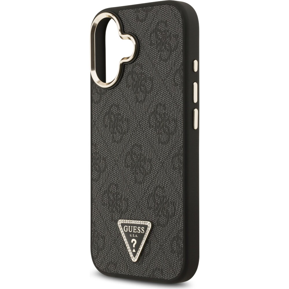 Guess-PU-Leather-4G-Triangle-Logo-Gold-Frame-MagSafe-kryt-iPhone-17-cerny