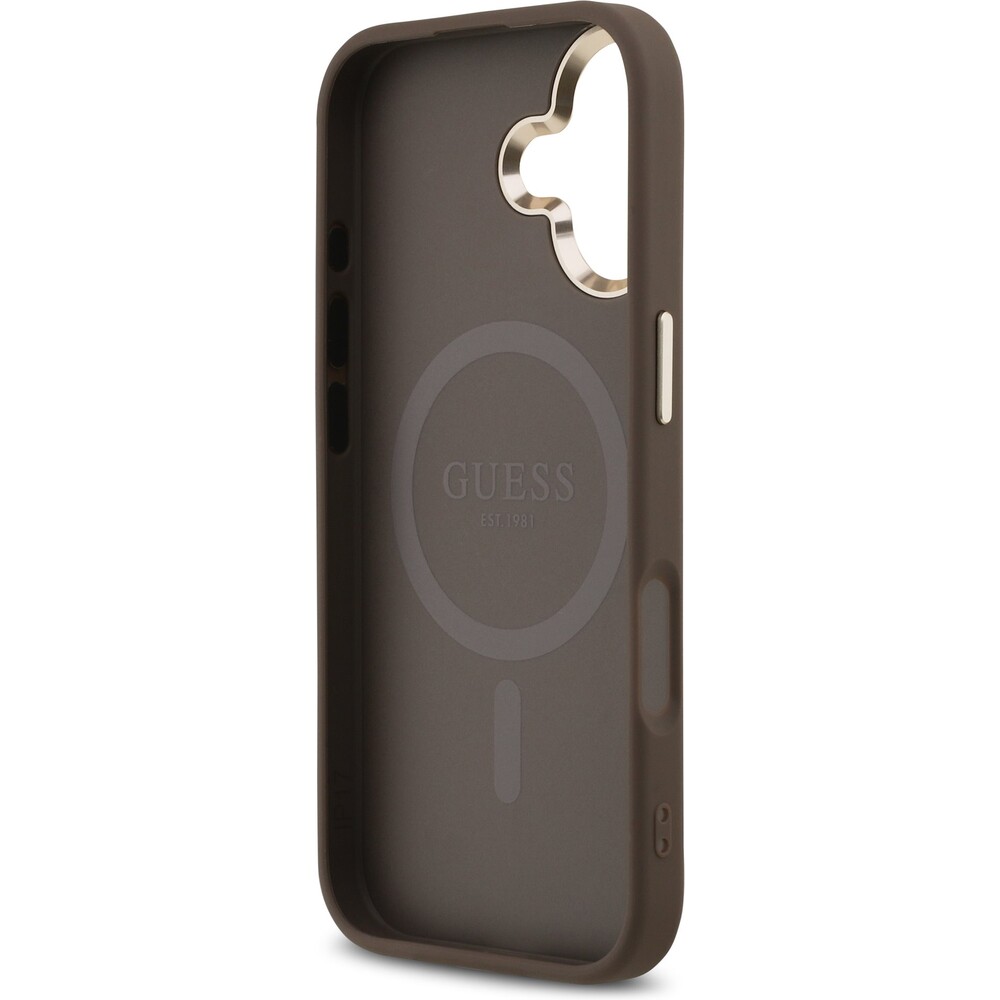Guess-PU-Leather-4G-Triangle-Logo-Gold-Frame-MagSafe-kryt-iPhone-17-hnedy