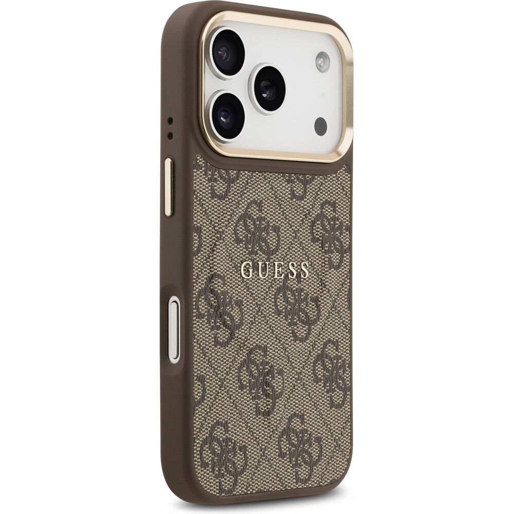 Guess-PU-Leather-4G-Gold-Frame-MagSafe-kryt-iPhone-17-Pro-hnedy
