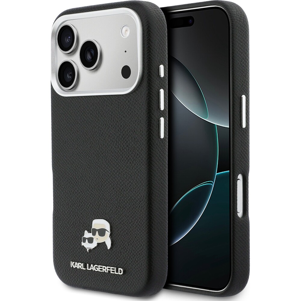 Karl-Lagerfeld-PU-Karl-and-Choupette-Heads-Pins-MagSafe-kryt-iPhone-17-Pro-cerny