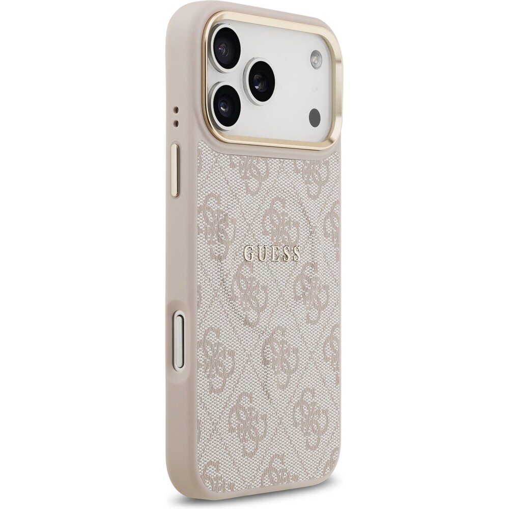 Guess-PU-Leather-4G-Gold-Frame-MagSafe-kryt-iPhone-17-Pro-Max-ruzovy