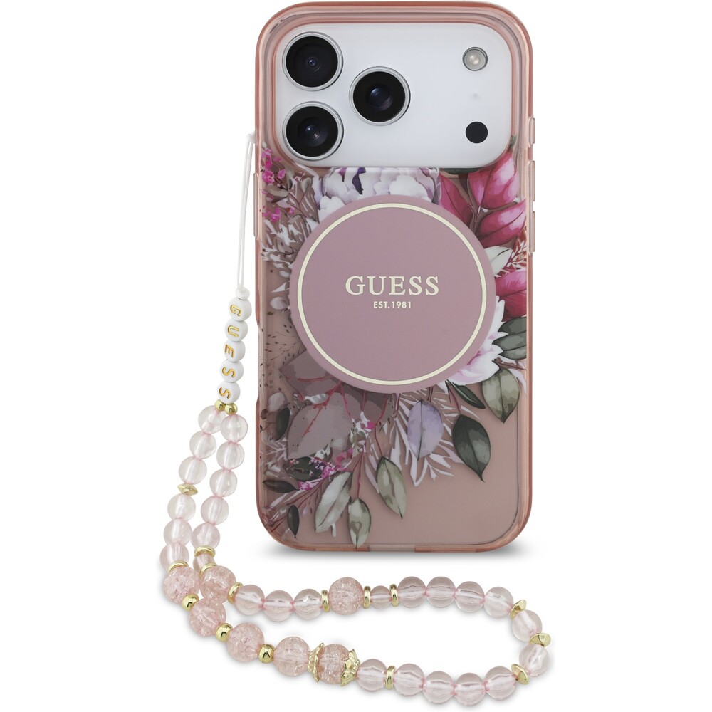 Guess-IML-Flowers-Strap-MagSafe-kryt-iPhone-17-Pro-ruzovy