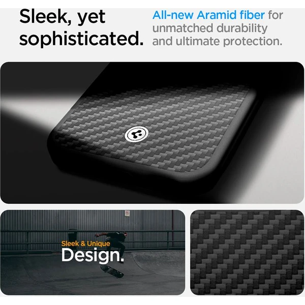 Spigen-Enzo-Aramid-MagSafe-kryt-iPhone-17e-16e-matne-cerny