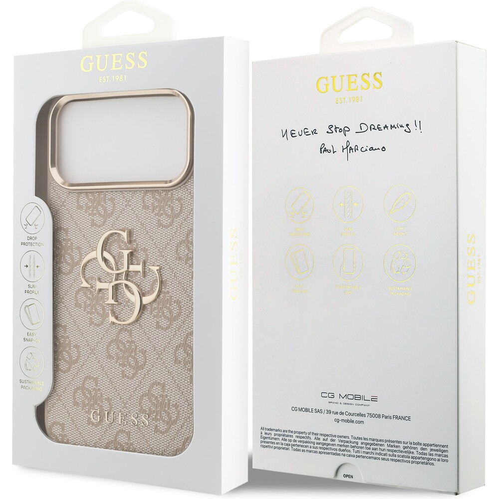 Guess-PU-Leather-4G-Metal-Logo-Gold-Frame-MagSafe-kryt-iPhone-17-Pro-Max-ruzovy