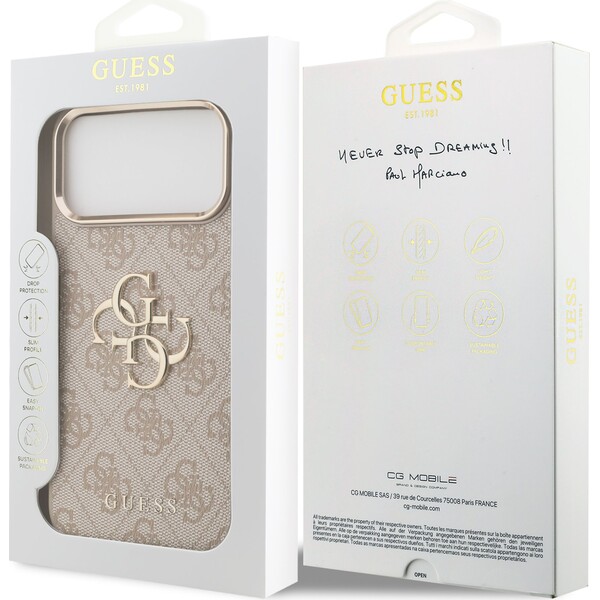 Guess-PU-Leather-4G-Metal-Logo-Gold-Frame-MagSafe-kryt-iPhone-17-Pro-Max-ruzovy