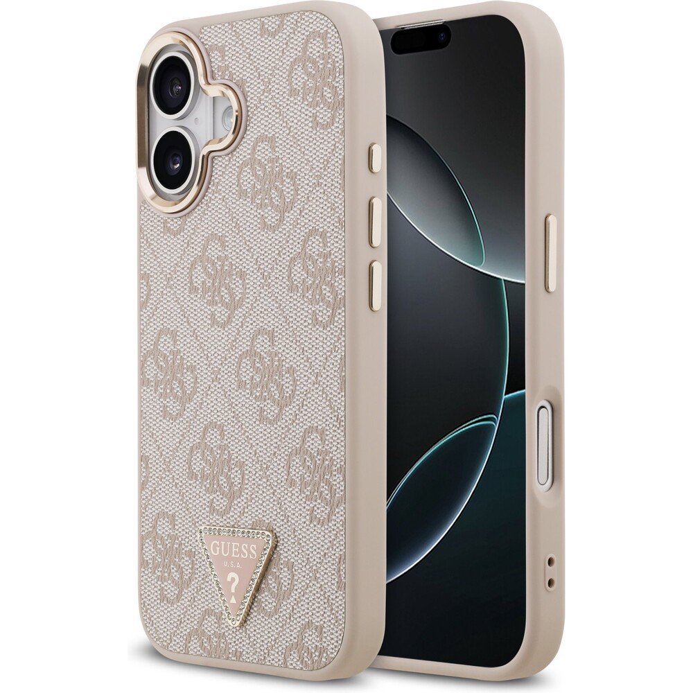 Guess-PU-Leather-4G-Triangle-Logo-Gold-Frame-MagSafe-kryt-iPhone-17-ruzovy