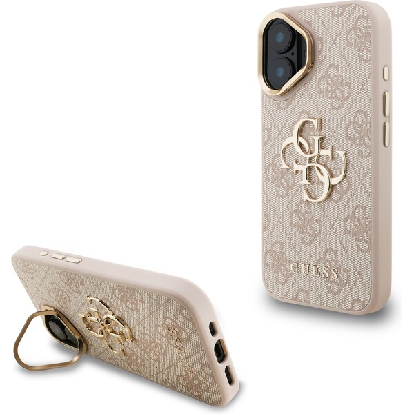 Guess-PU-4G-Metal-Logo-Stand-Camera-Frame-kryt-iPhone-16-ruzovy