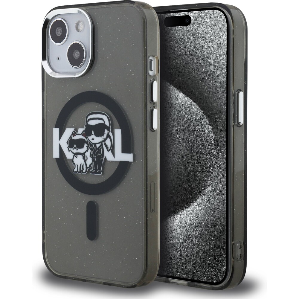 Karl-Lagerfeld-IML-Glitter-Karl-and-Choupette-Sketch-MagSafe-kryt-iPhone-15-cerny