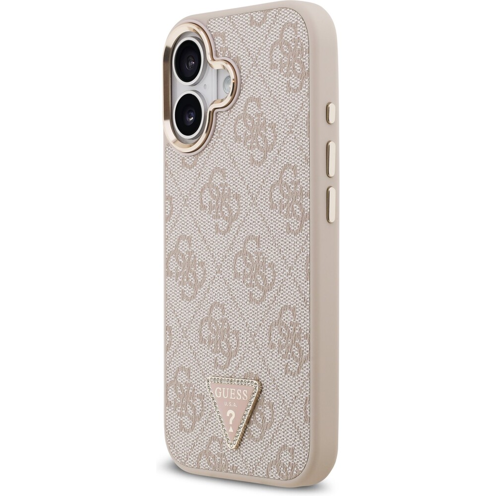 Guess-PU-Leather-4G-Triangle-Logo-Gold-Frame-MagSafe-kryt-iPhone-17-ruzovy