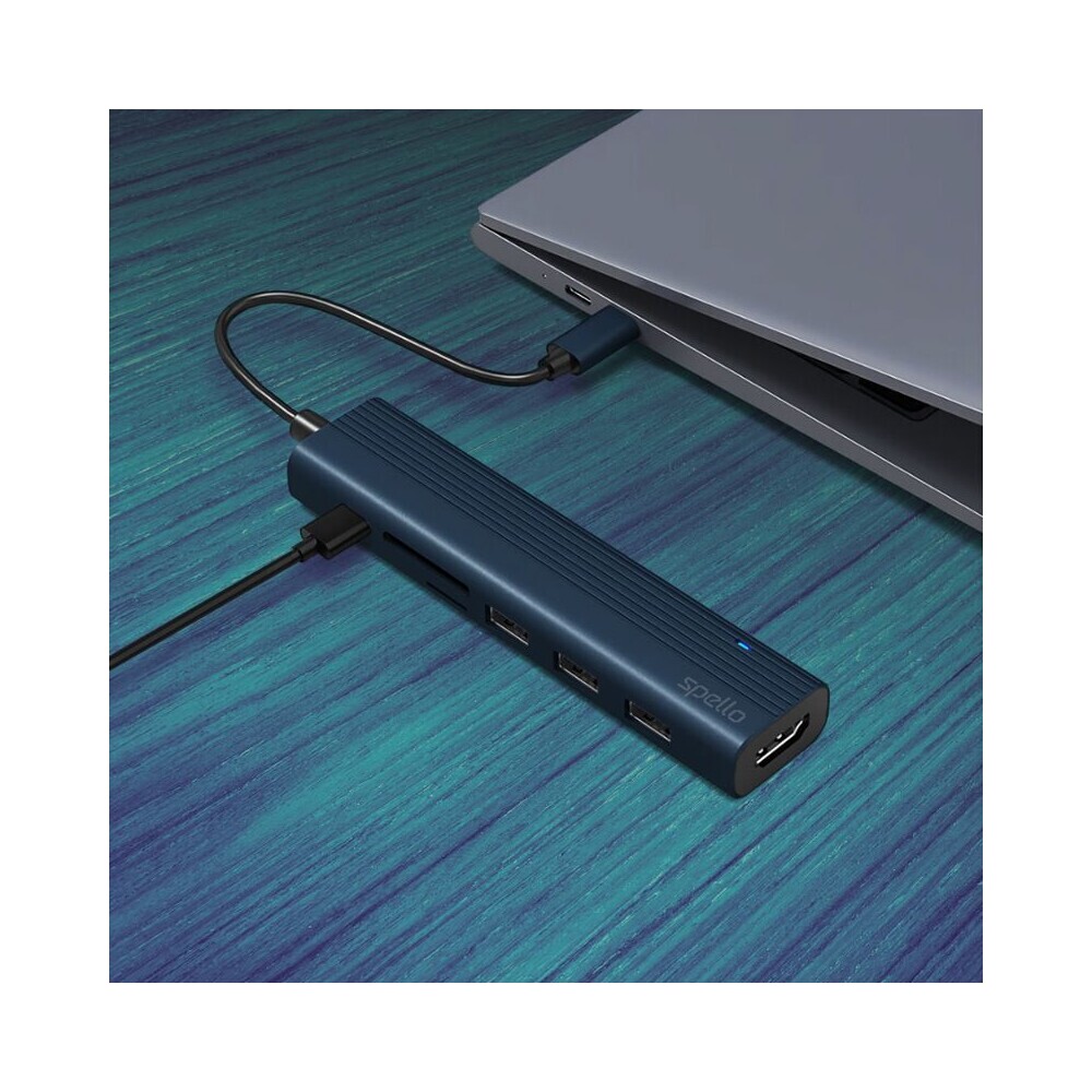 Spello-USB-C-Hub-Slim-7v1-100W-USB-C-PD-3-USB-A-HDMI-slot-na-SD-TF-kartu-temne-inkoustovy