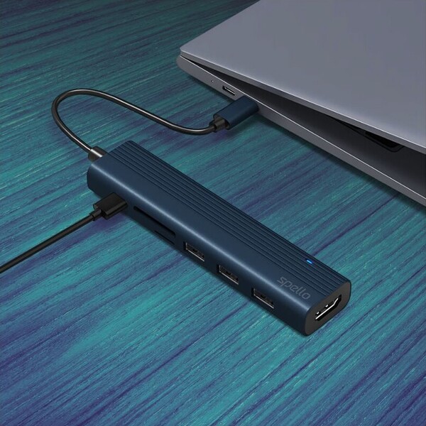 Spello-USB-C-Hub-Slim-7v1-100W-USB-C-PD-3-USB-A-HDMI-slot-na-SD-TF-kartu-temne-inkoustovy