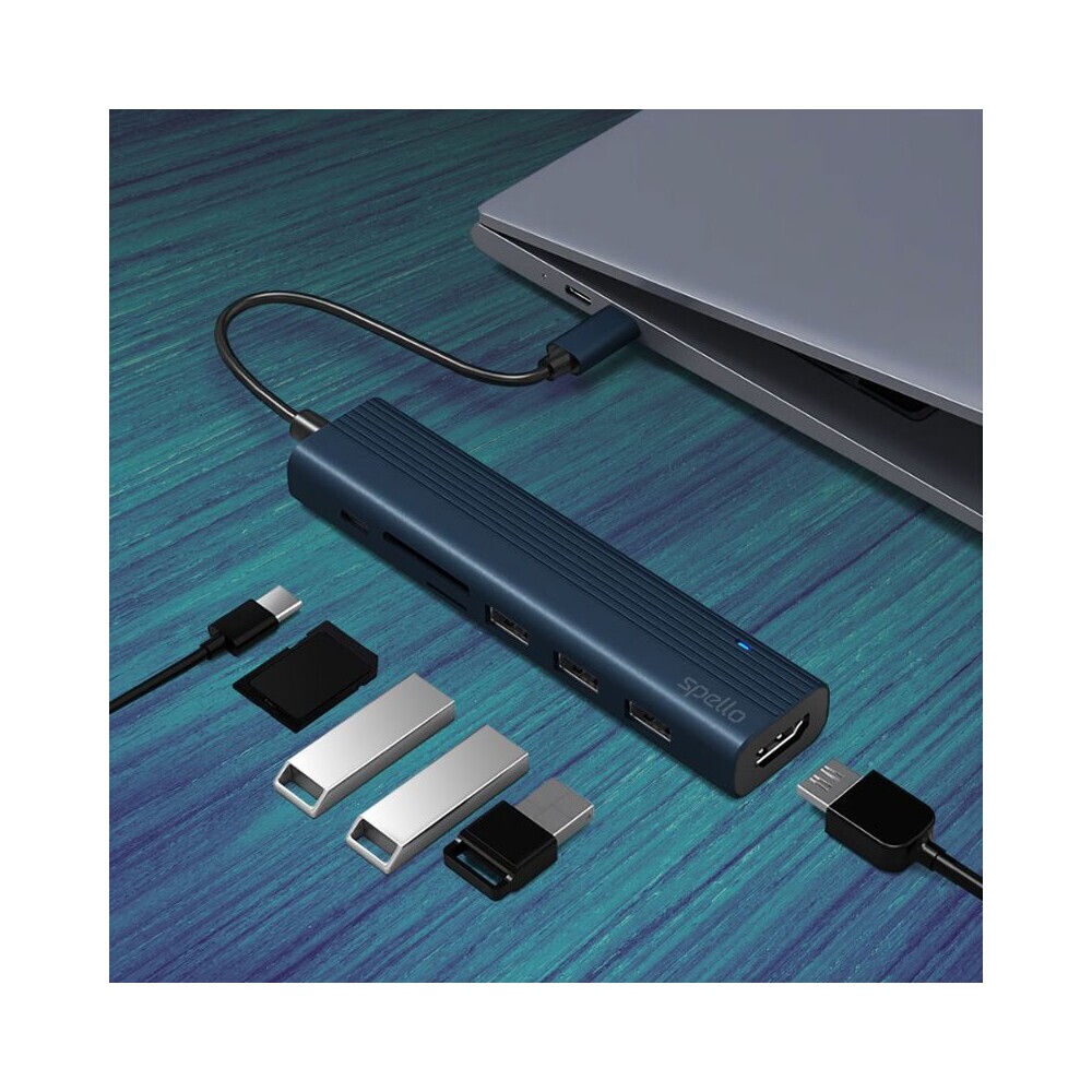 Spello-USB-C-Hub-Slim-7v1-100W-USB-C-PD-3-USB-A-HDMI-slot-na-SD-TF-kartu-temne-inkoustovy
