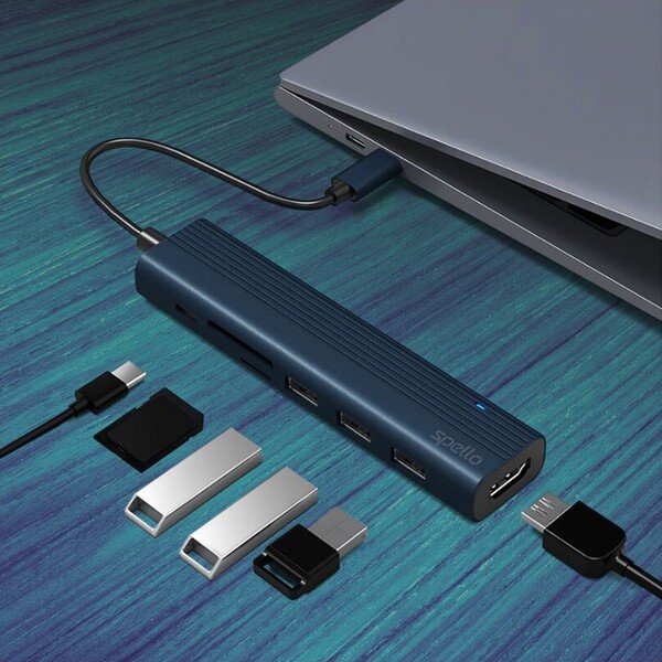 Spello-USB-C-Hub-Slim-7v1-100W-USB-C-PD-3-USB-A-HDMI-slot-na-SD-TF-kartu-temne-inkoustovy