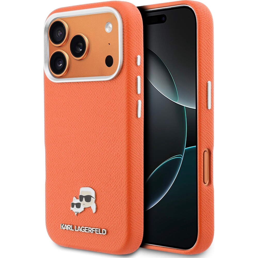 Karl-Lagerfeld-PU-Karl-and-Choupette-Heads-Pins-MagSafe-kryt-iPhone-17-Pro-oranzovy