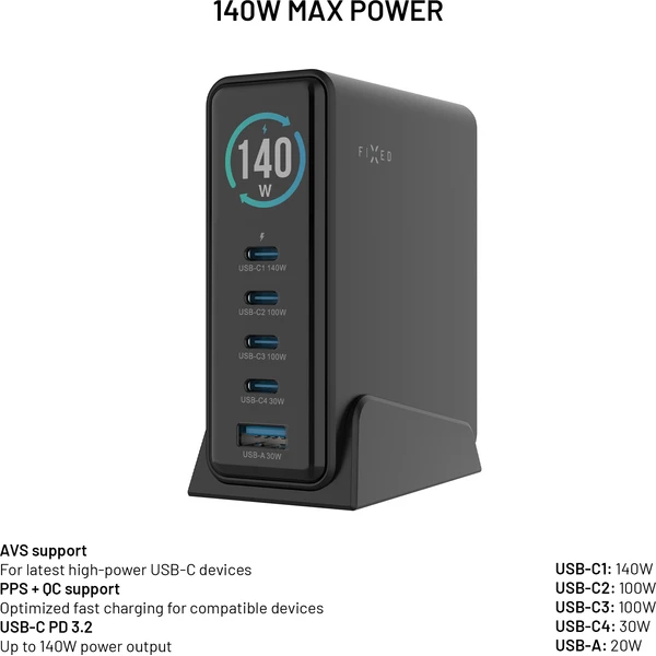 FIXED-GaN-nabijeci-stanice-s-displejem-USB-C-a-USB-PD-3-2-140W-cerna