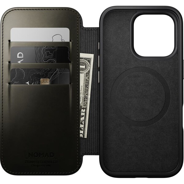 Nomad-Modern-Leather-Folio-MagSafe-pouzdro-iPhone-16-Pro-zelene-chromovane