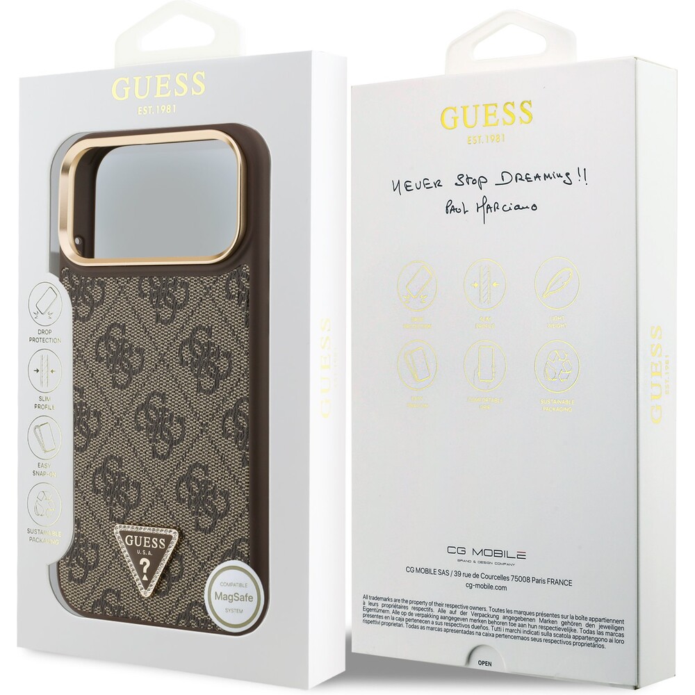 Guess-PU-Leather-4G-Triangle-Logo-Gold-Frame-MagSafe-kryt-iPhone-17-Pro-Max-hnedy