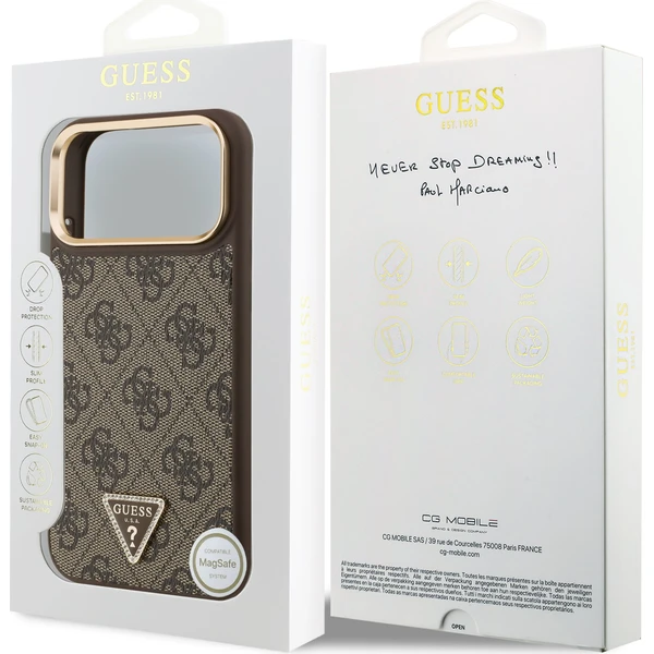 Guess-PU-Leather-4G-Triangle-Logo-Gold-Frame-MagSafe-kryt-iPhone-17-Pro-Max-hnedy
