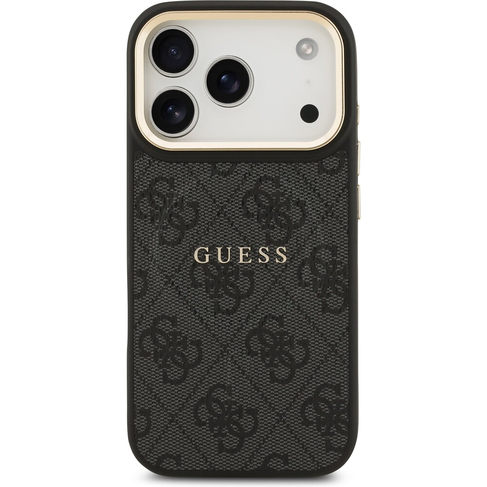Guess-PU-Leather-4G-Gold-Frame-MagSafe-kryt-iPhone-17-Pro-cerny