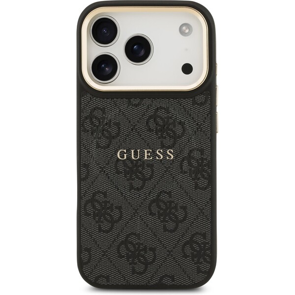 Guess-PU-Leather-4G-Gold-Frame-MagSafe-kryt-iPhone-17-Pro-cerny