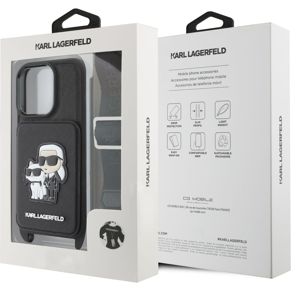 Karl-Lagerfeld-Saffiano-Crossbody-Popruh-Karl-and-Choupette-kryt-pro-iPhone-16-Pro-cerny