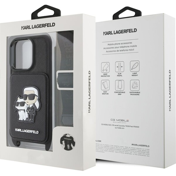 Karl-Lagerfeld-Saffiano-Crossbody-Popruh-Karl-and-Choupette-kryt-pro-iPhone-16-Pro-cerny