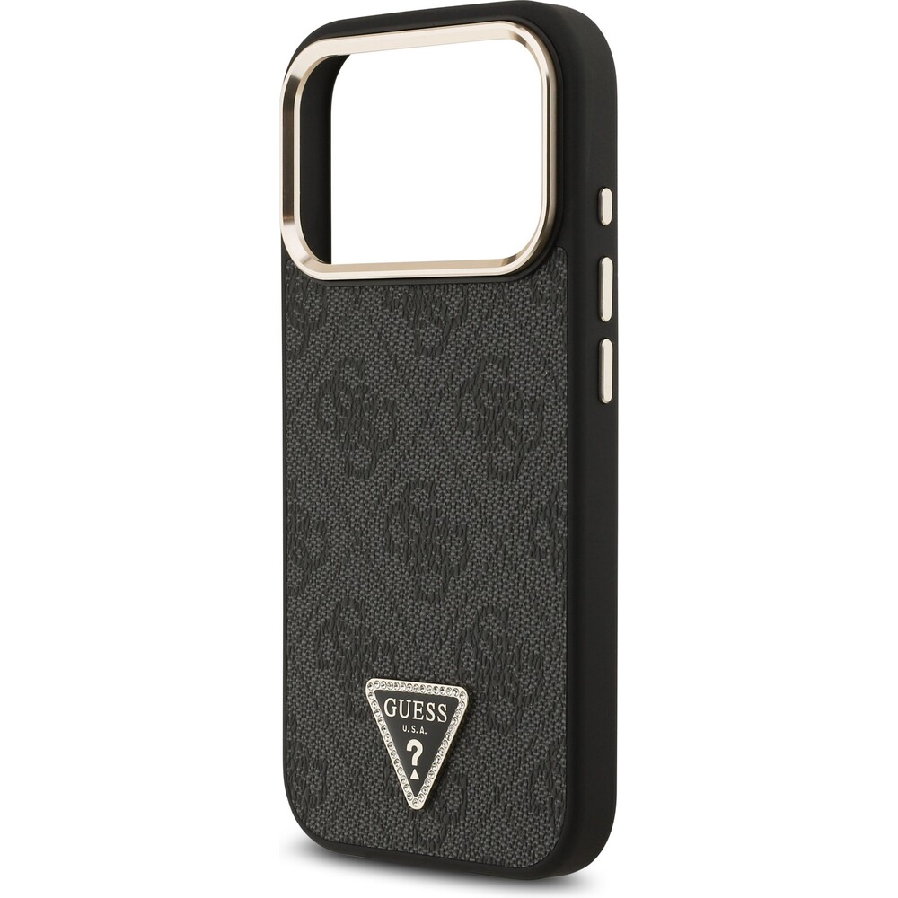 Guess-PU-Leather-4G-Triangle-Logo-Gold-Frame-MagSafe-kryt-iPhone-17-Pro-cerny