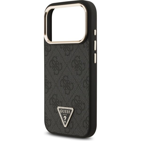Guess-PU-Leather-4G-Triangle-Logo-Gold-Frame-MagSafe-kryt-iPhone-17-Pro-cerny