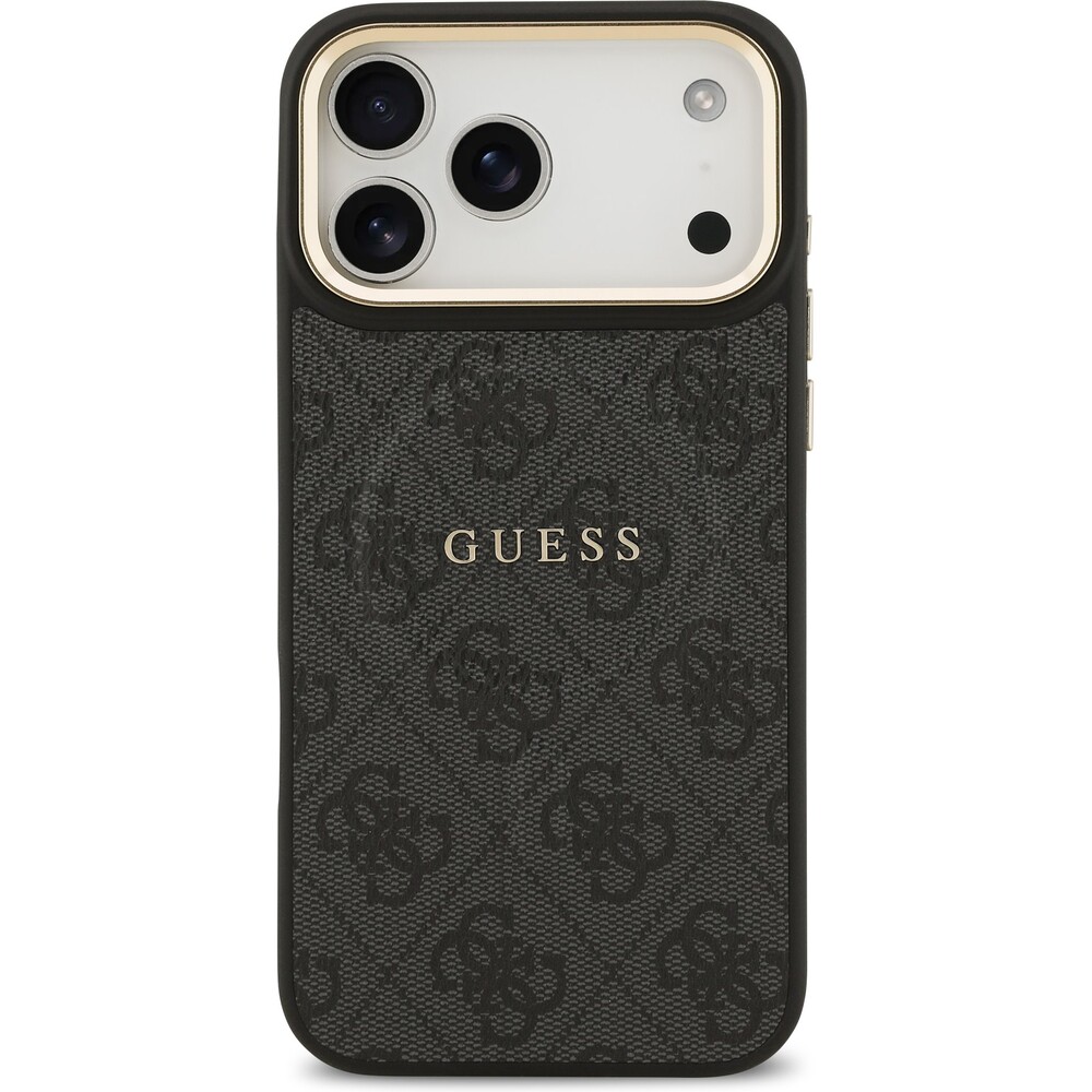 Guess-PU-Leather-4G-Gold-Frame-MagSafe-kryt-iPhone-17-Pro-Max-cerny