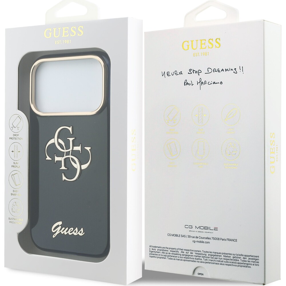 Guess-IML-4G-Script-Metal-Logo-kryt-iPhone-17-Pro-modry