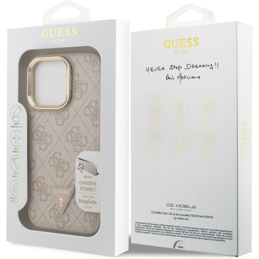 Guess-PU-4G-Strass-Triangle-Logo-Stand-Camera-Frame-MagSafe-kryt-iPhone-16-Pro-ruzovy