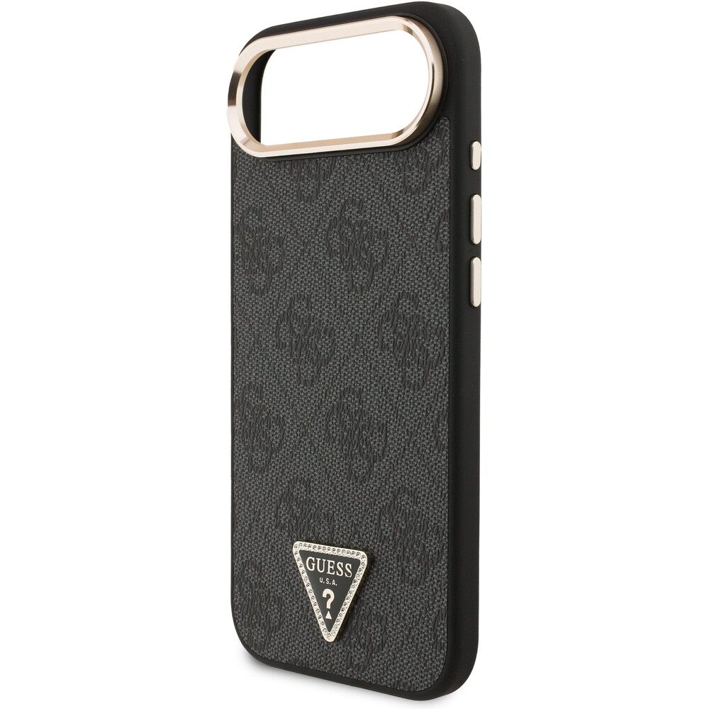 Guess-PU-Leather-4G-Triangle-Logo-Gold-Frame-MagSafe-kryt-iPhone-Air-cerny
