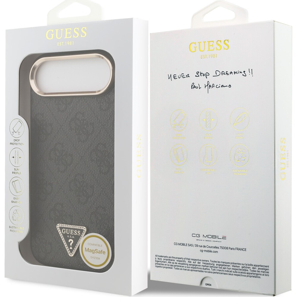 Guess-PU-Leather-4G-Triangle-Logo-Gold-Frame-MagSafe-kryt-iPhone-Air-cerny