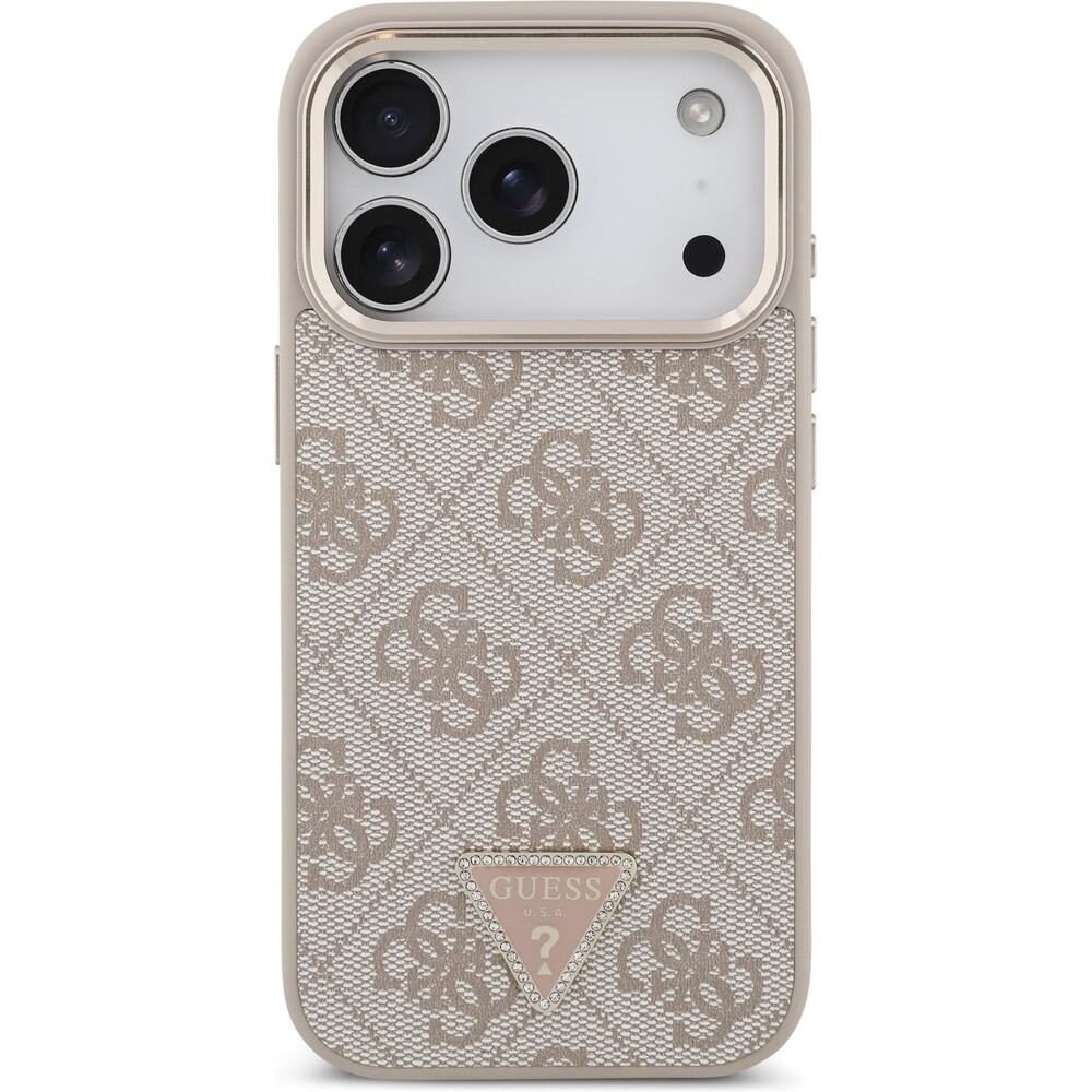 Guess-PU-Leather-4G-Triangle-Logo-Gold-Frame-MagSafe-kryt-iPhone-17-Pro-ruzovy