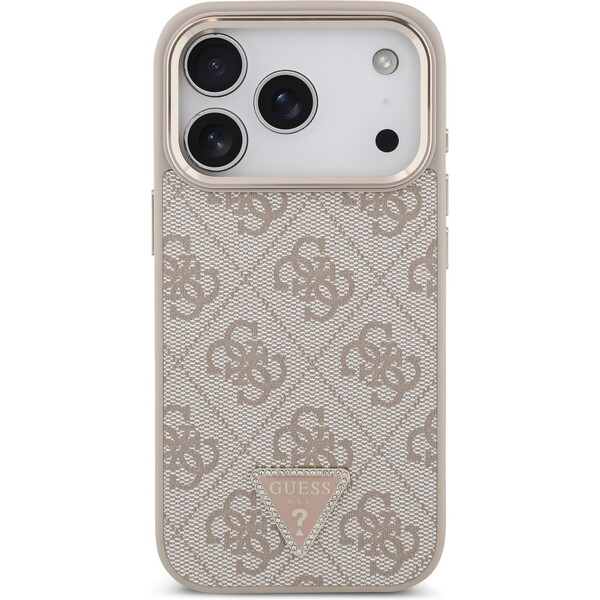 Guess-PU-Leather-4G-Triangle-Logo-Gold-Frame-MagSafe-kryt-iPhone-17-Pro-ruzovy