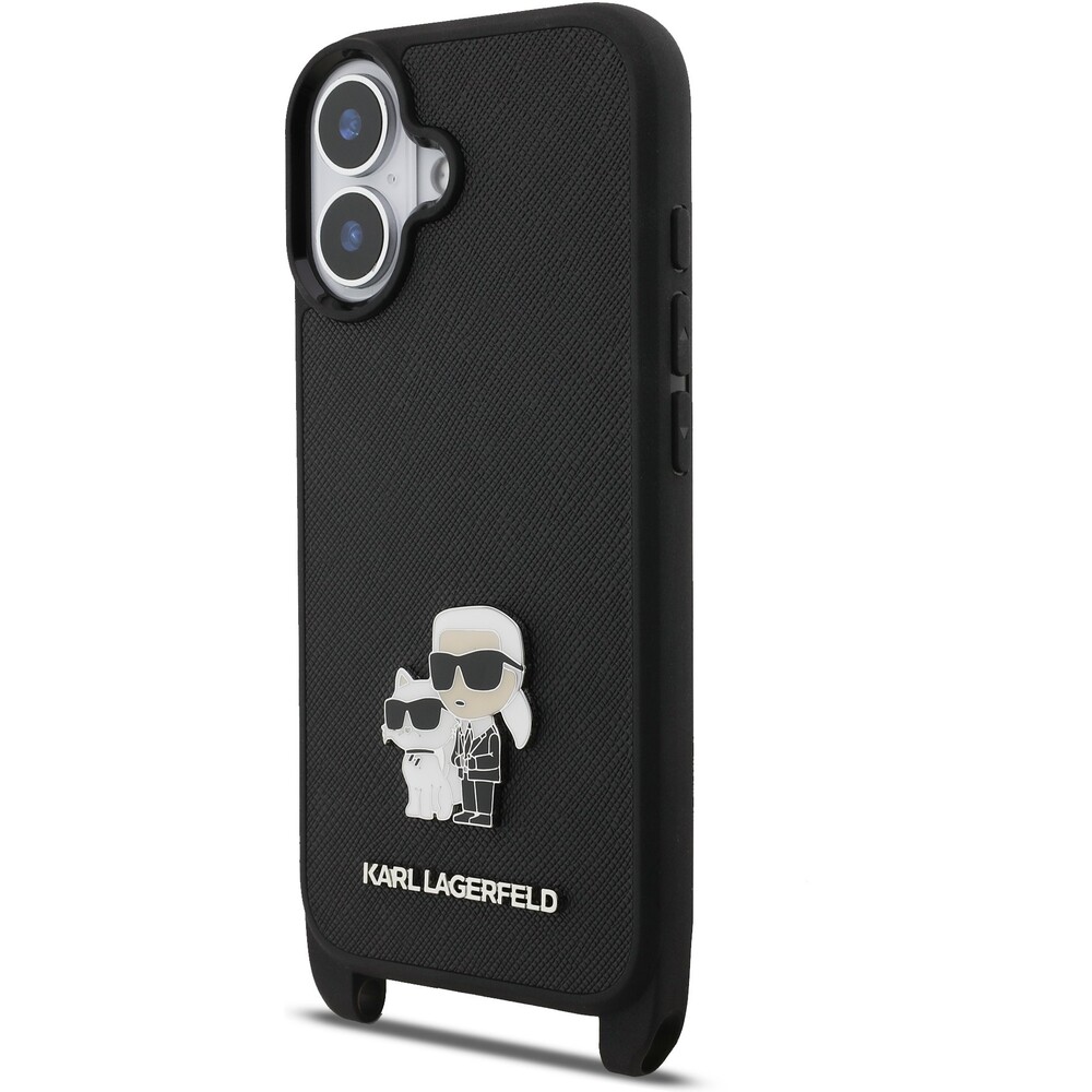 Karl-Lagerfeld-Saffiano-Crossbody-Popruh-Metal-Karl-and-Choupette-kryt-iPhone-17-cerny