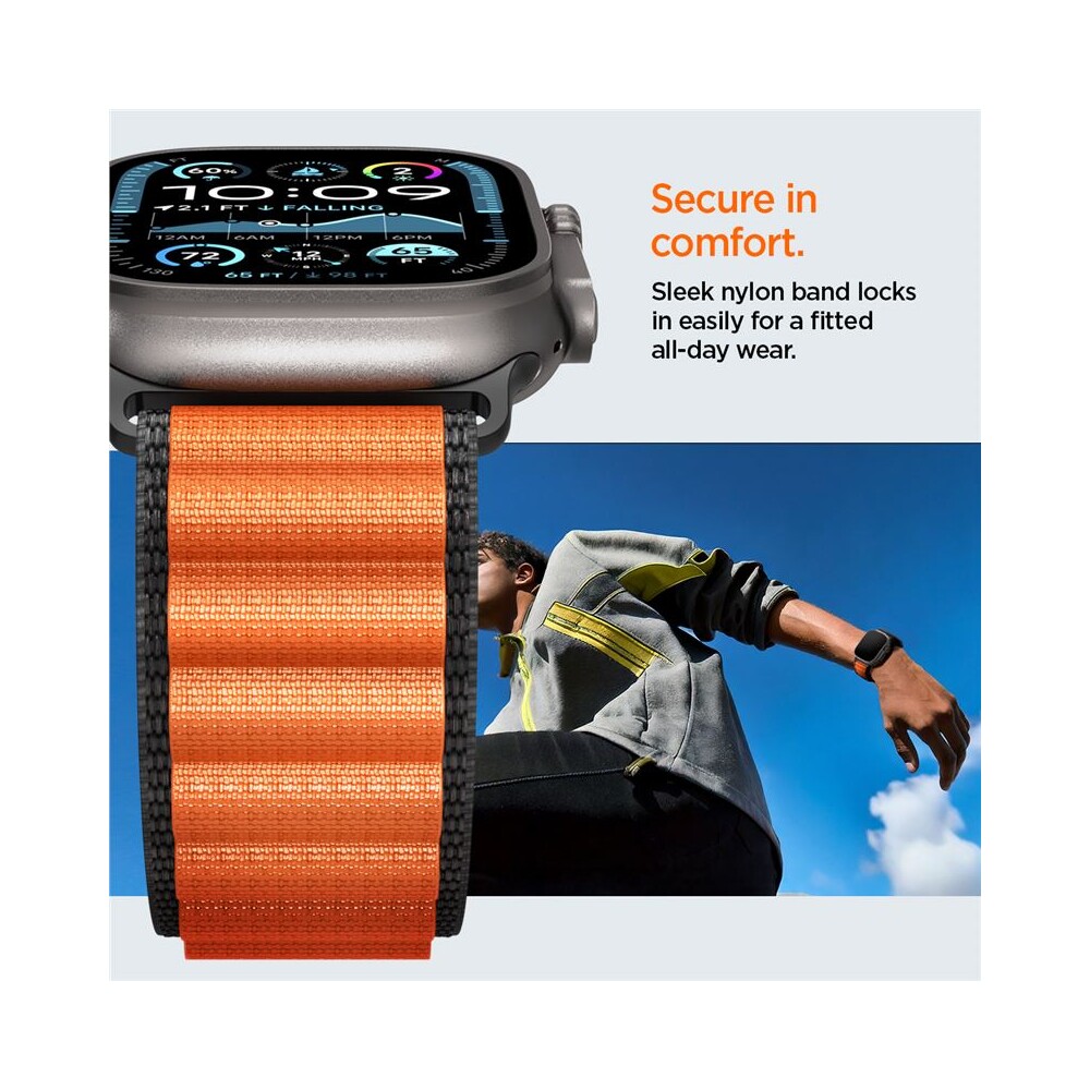 Spigen-Fabric-Band-hook-reminek-Apple-Watch-49-46-45-44mm-cerny-oranzovy