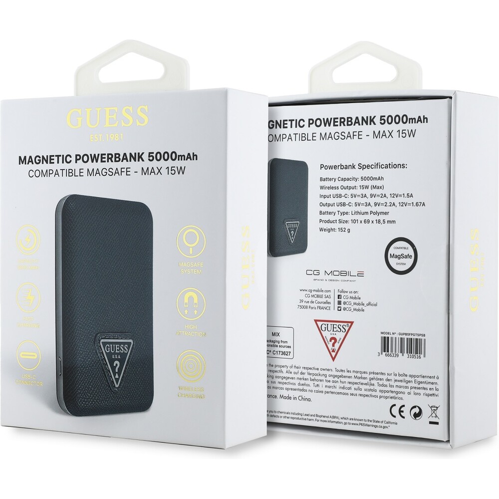 Guess-PU-Grained-Triangle-Logo-MagSafe-powerbanka-5000mAh-modra